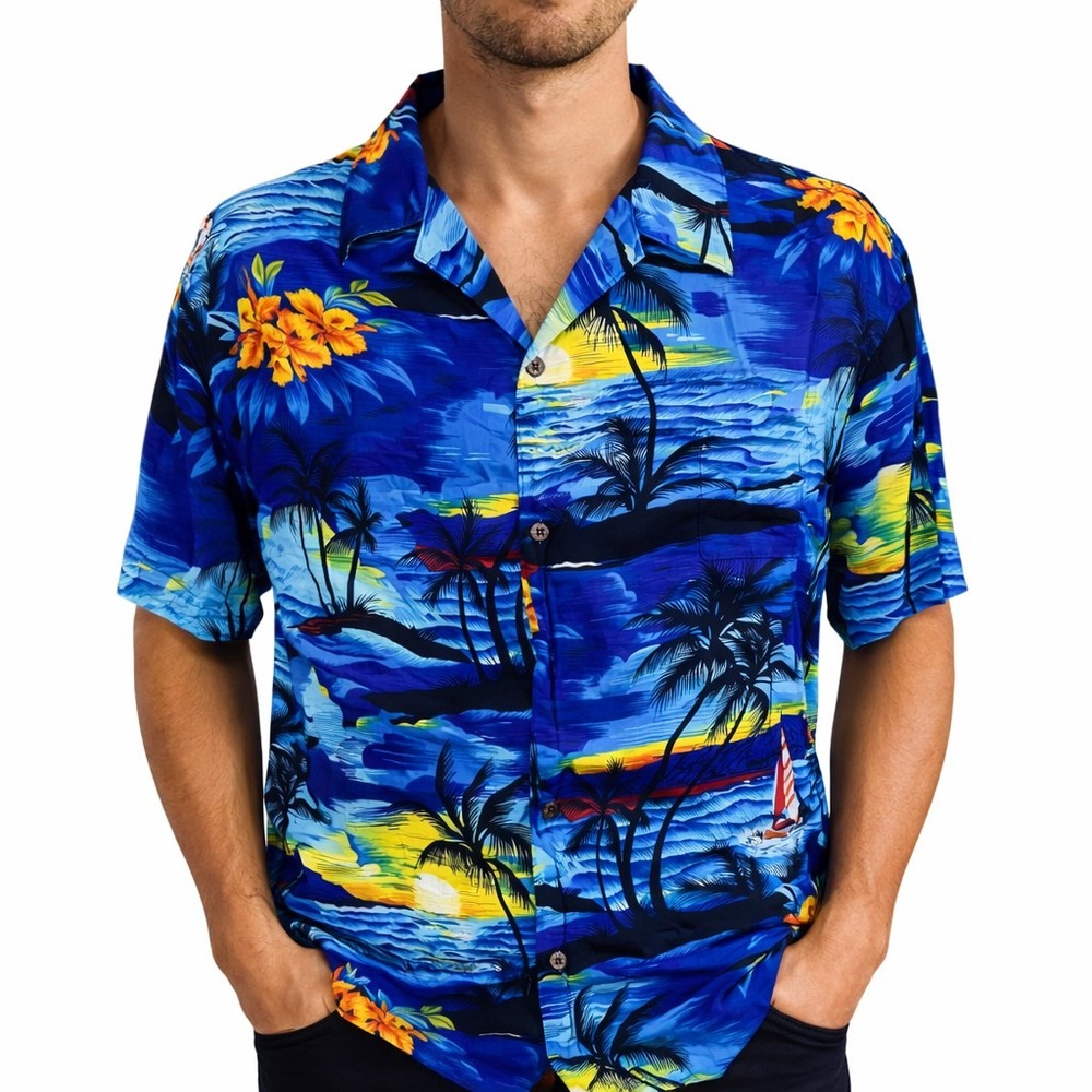 Hawaii Hangover Aloha Shirt XL Sail Boats Palm Trees Sunset Blue Yellow NWT